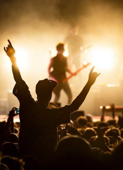 Audience member raising hands at a live concert